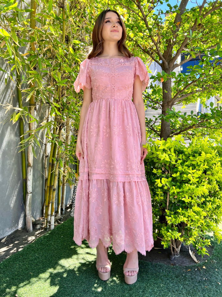 Vestido rosa manguita midi