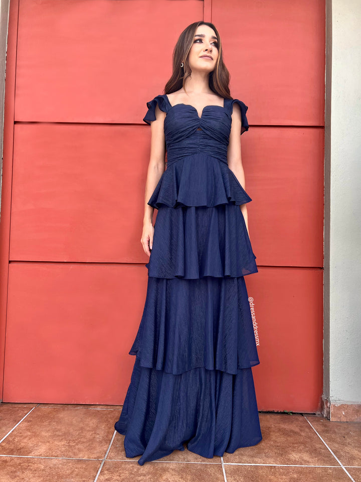 Vestido azul marino brillitos plata