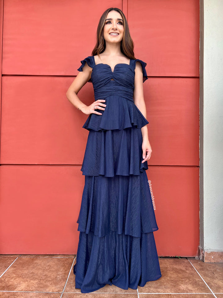 Vestido azul marino brillitos plata