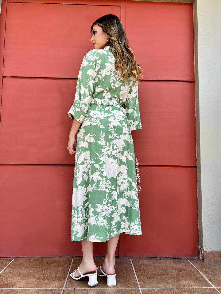 Vestido camisero verde hojas