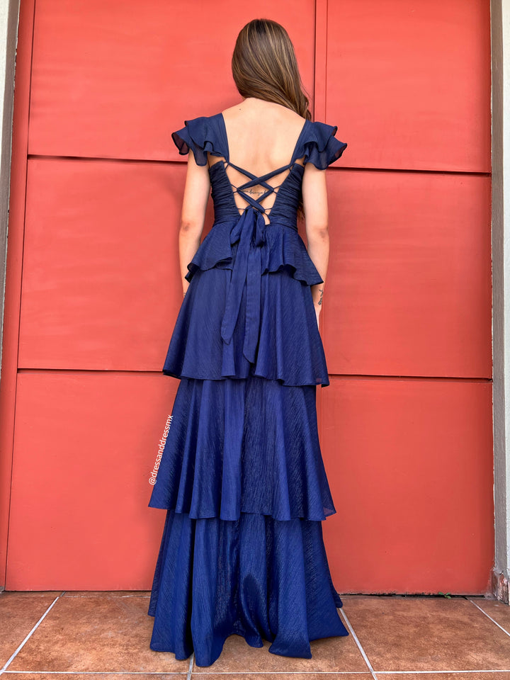Vestido azul marino brillitos plata