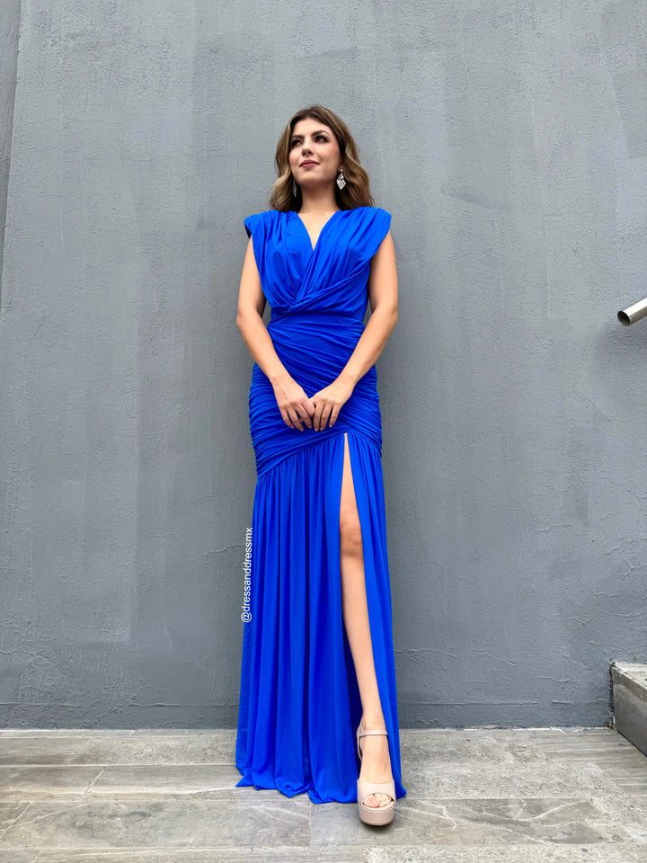 Vestido azul rey drapeado