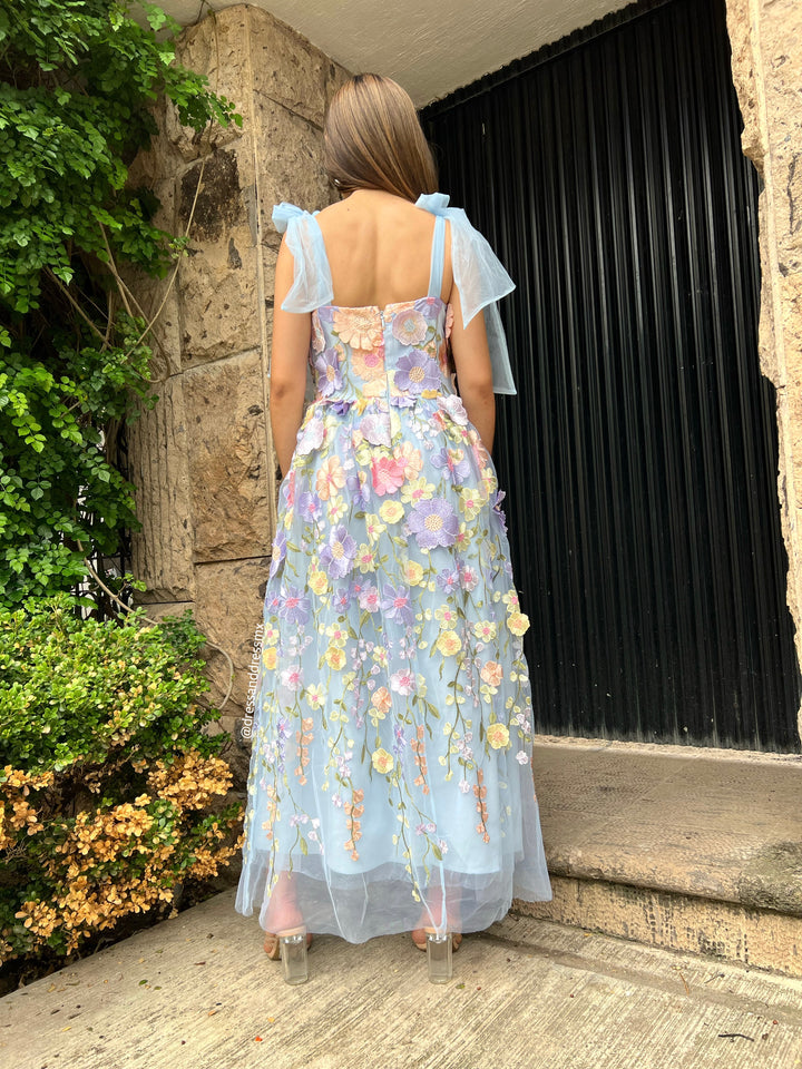 Vestido azul flores colores