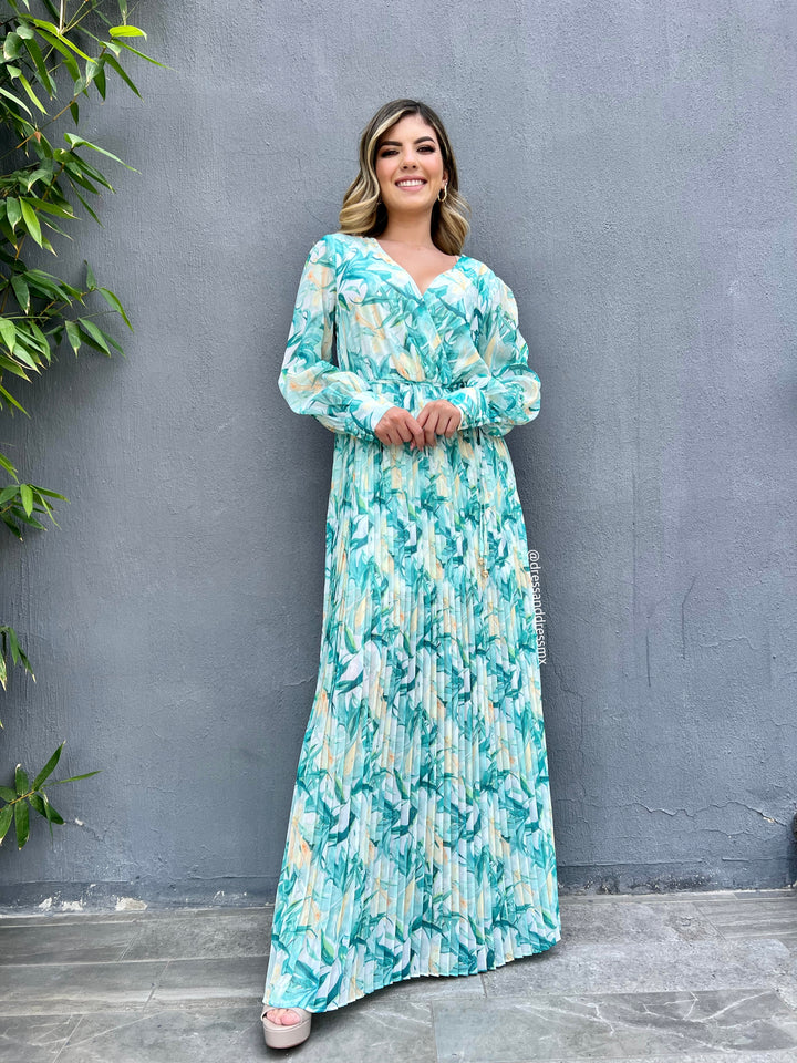 Maxivestido tableado hojas