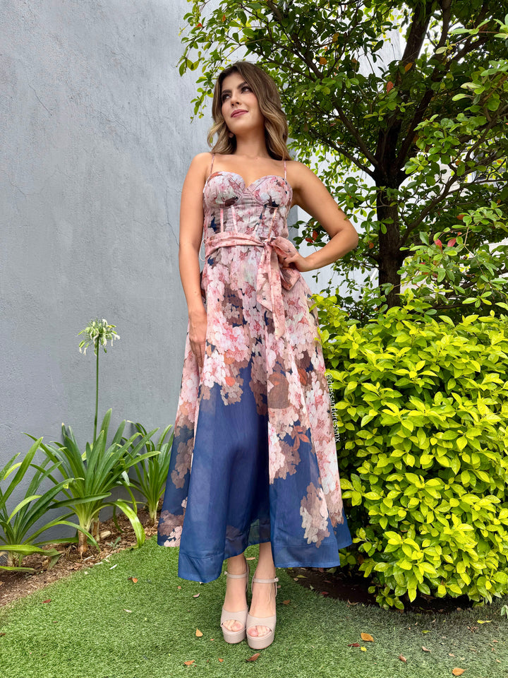 Vestido midi flores azul