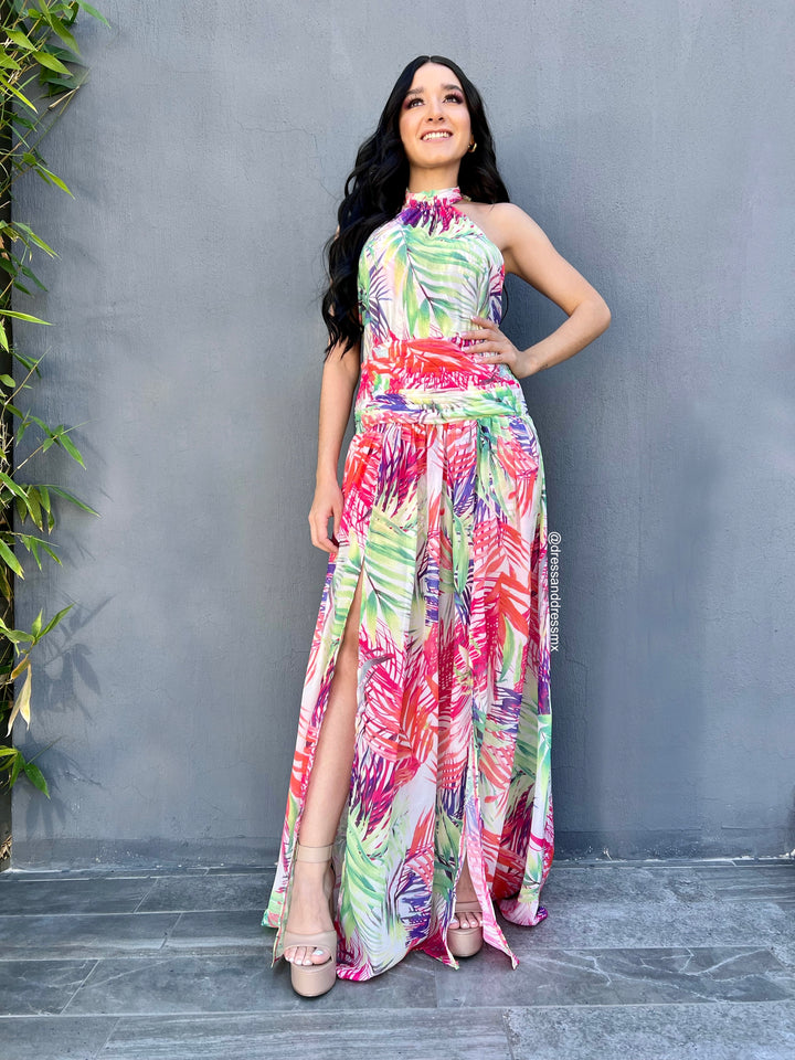 Vestido blanco hojas colores