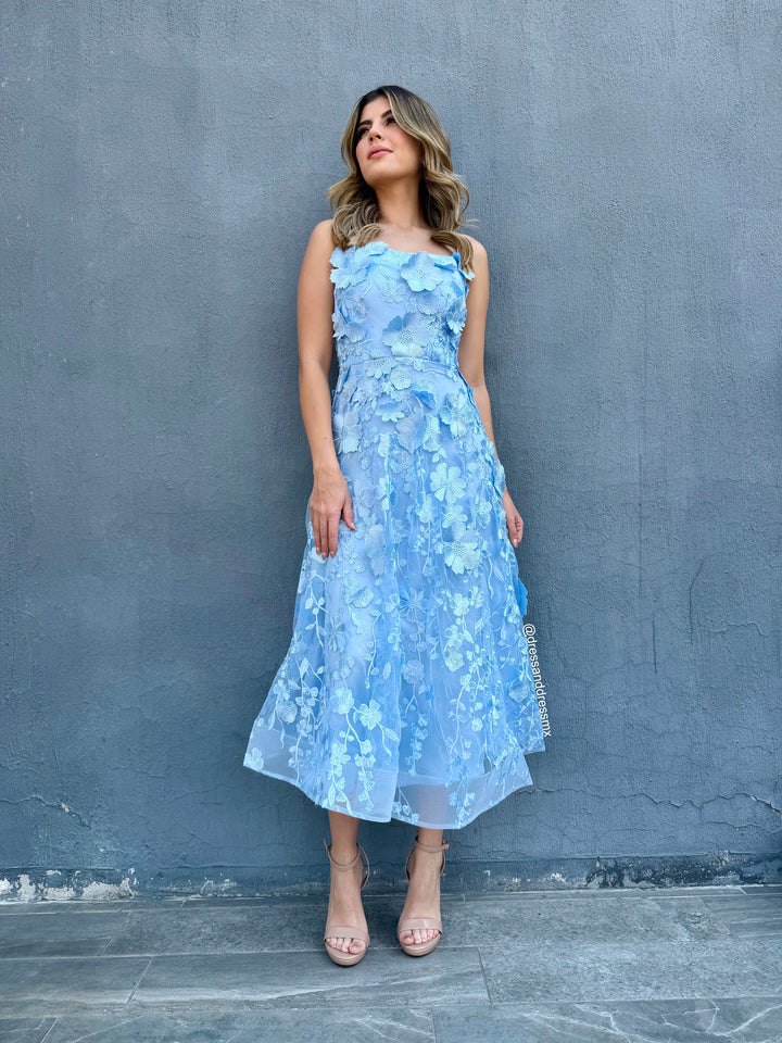 Vestido flores 3D azul