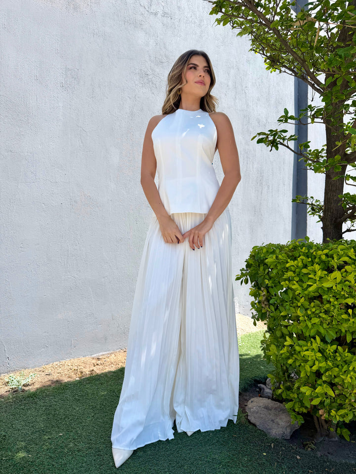 Conjunto blusa y pantalón tableado