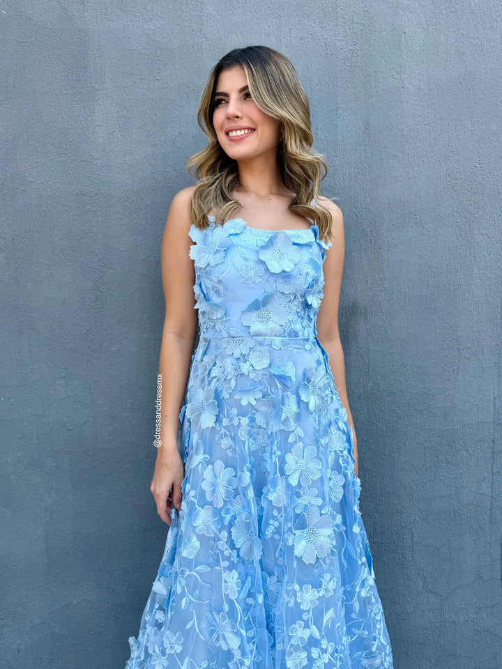 Vestido flores 3D azul