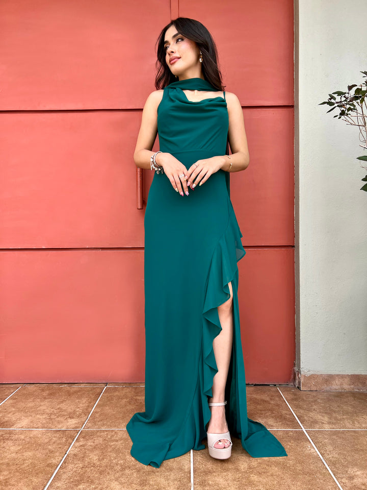 Vestido verde volantes abertura