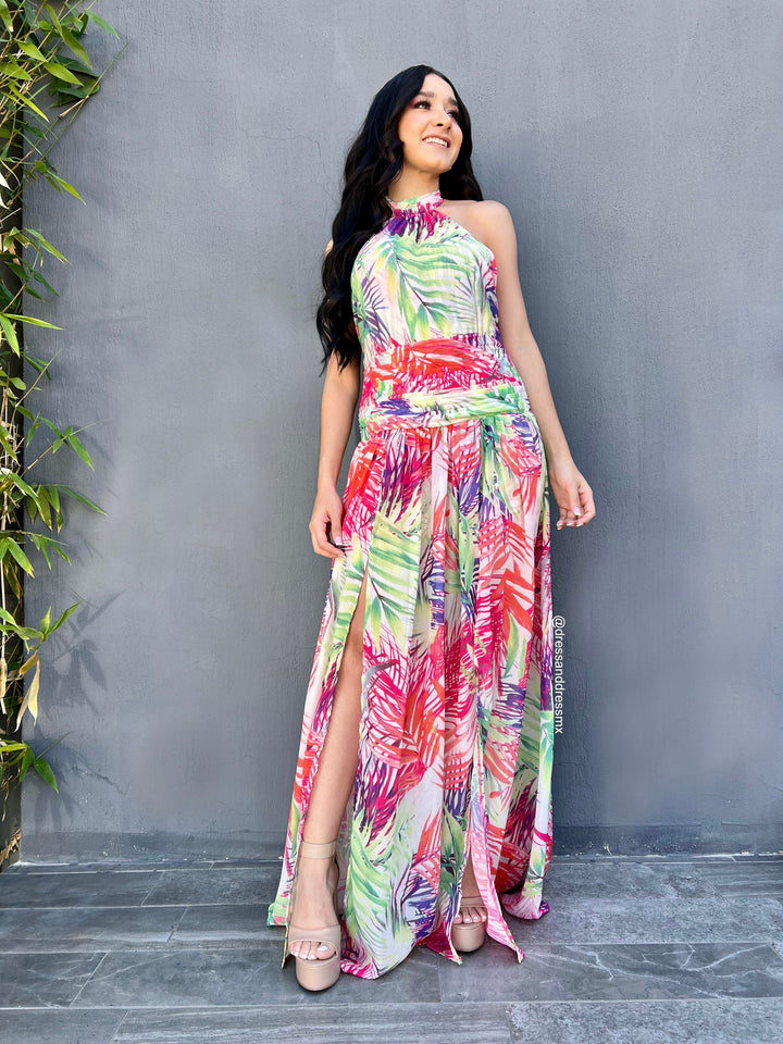 Vestido blanco hojas colores