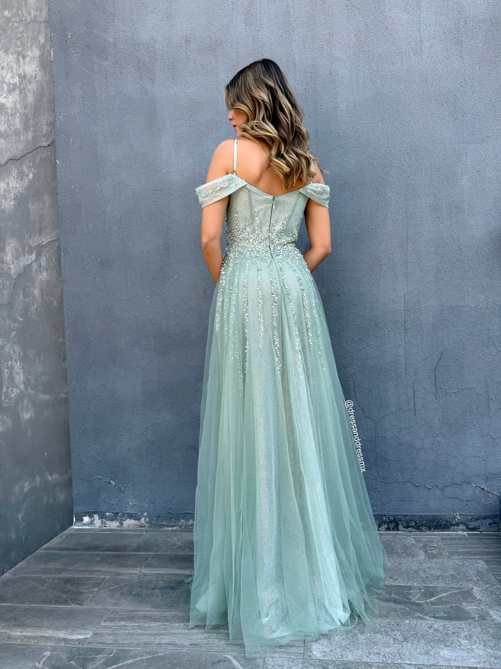 Vestido línea A sage bordado