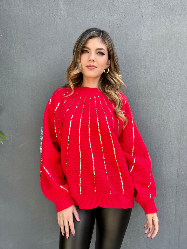 Suéter rojo lentejuelas doradas