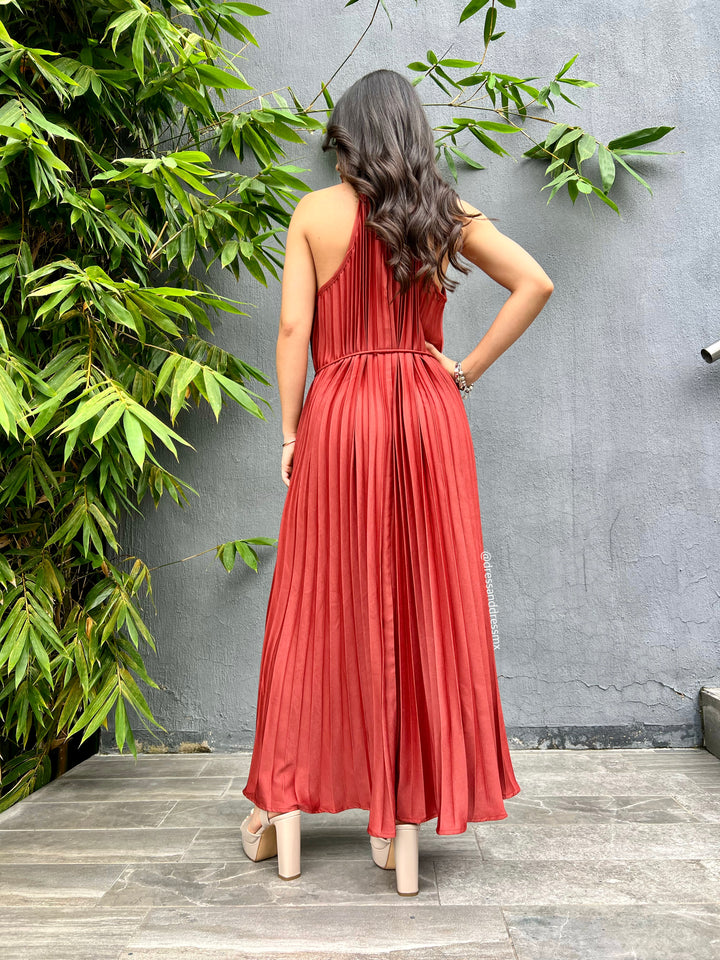 Vestido midi tableado ladrillo