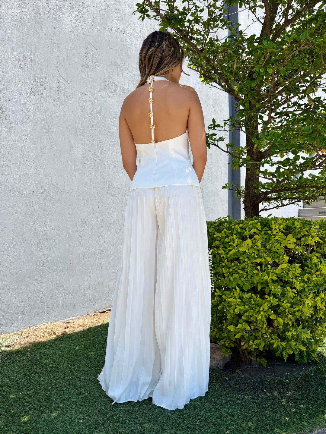 Conjunto blusa y pantalón tableado