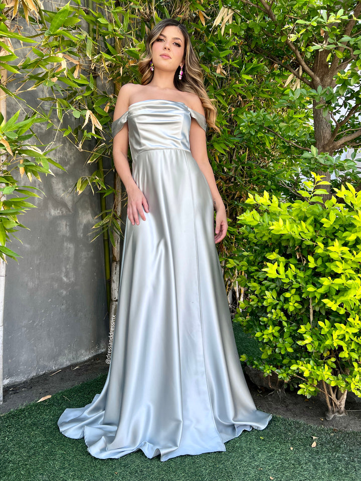 Vestido verdesito offshoulder satin