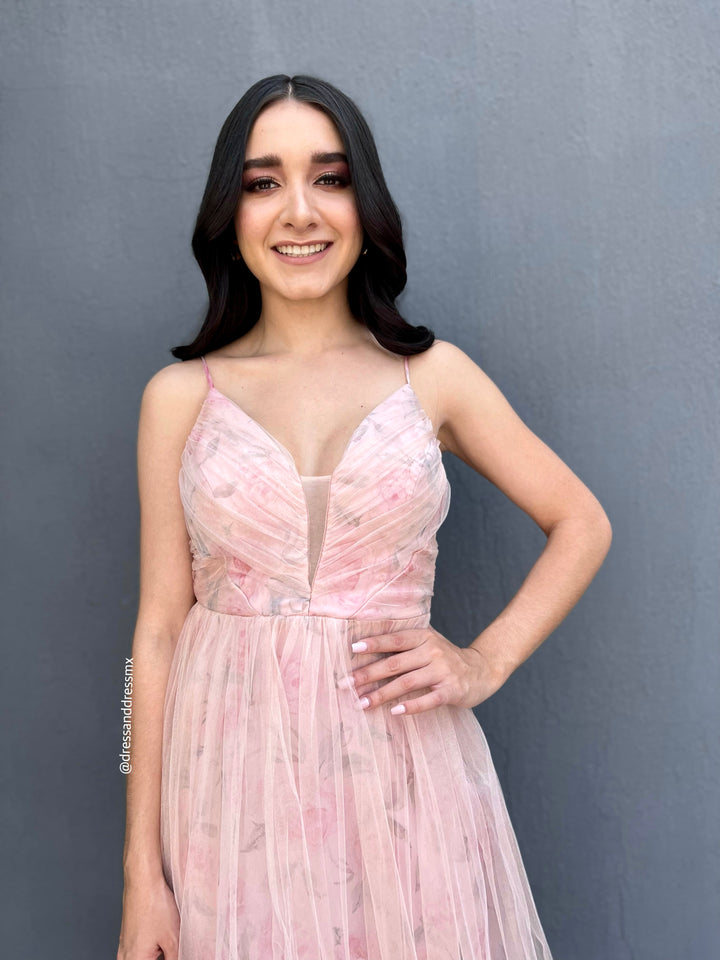 Vestido rosa tul flores