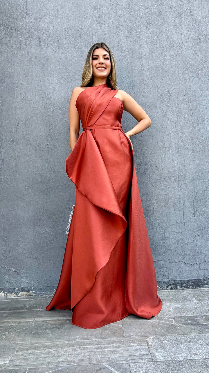 Vestido terracota un hombro