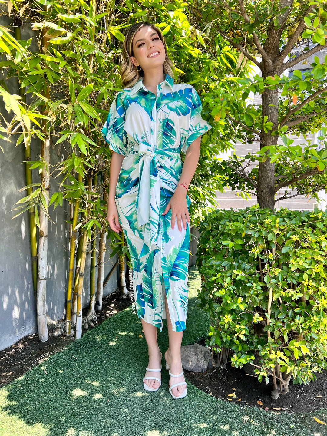 Vestido hojas azul verde