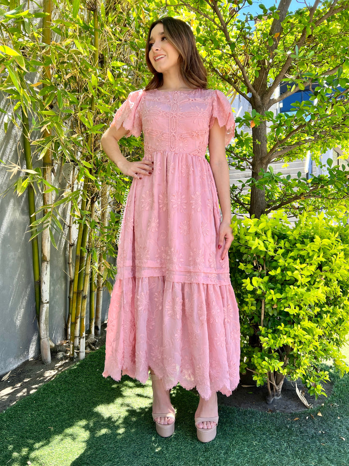 Vestido rosa manguita midi