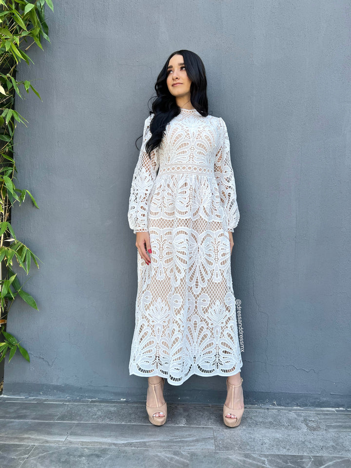 Vestido ivory crochet manga