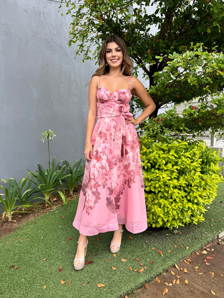 Vestido midi flores rosa