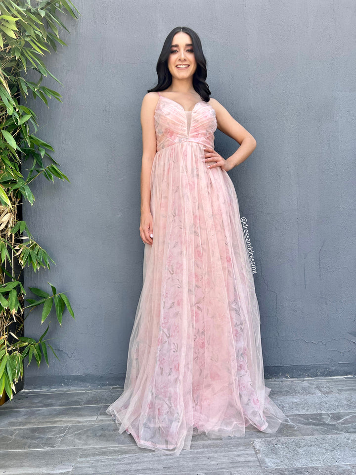 Vestido rosa tul flores