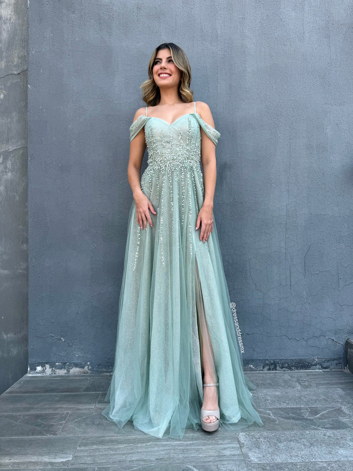 Vestido línea A sage bordado