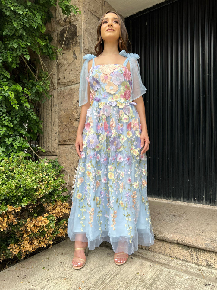 Vestido azul flores colores