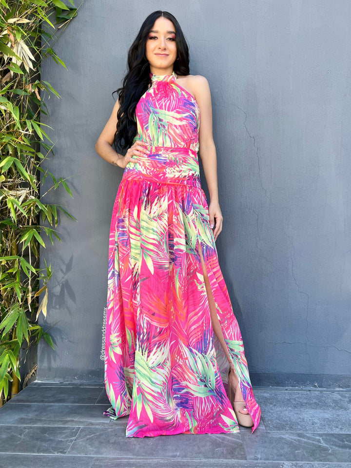 Vestido rosa hojas colores
