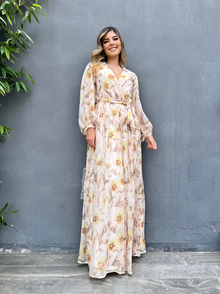 Maxivestido beige flores amarillas