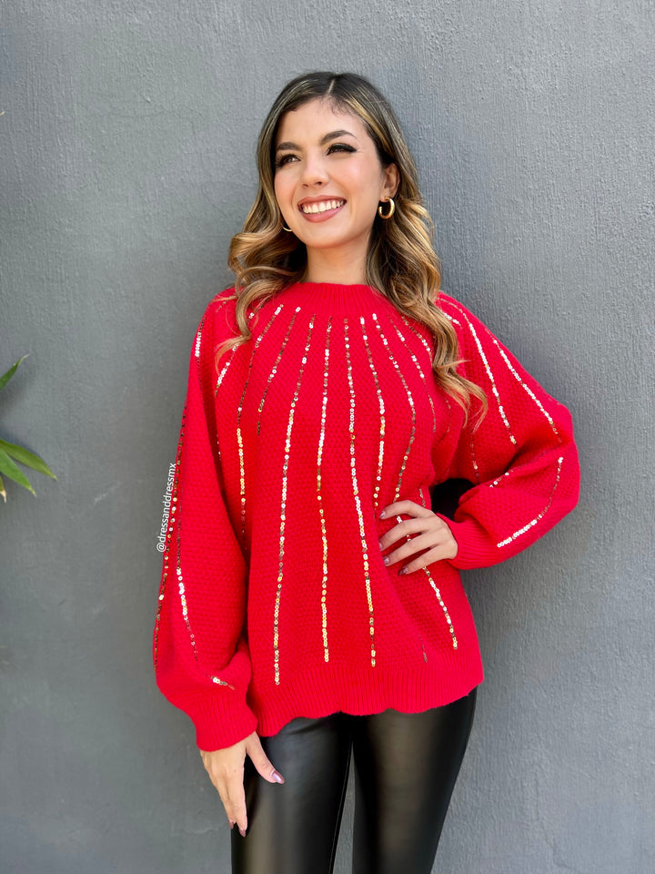 Suéter rojo lentejuelas doradas