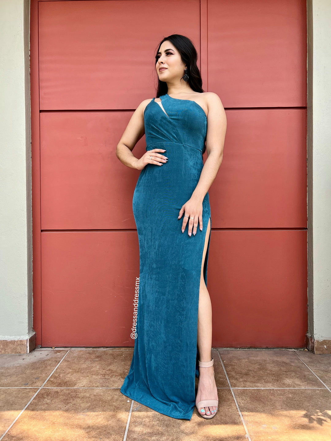 Vestido azul verde un hombro