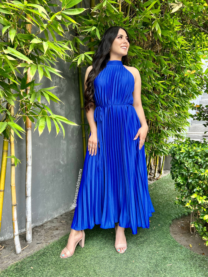 Vestido midi azul tableado