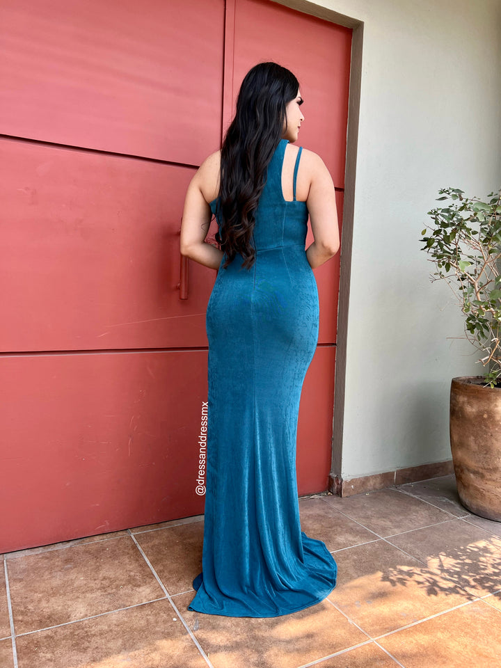 Vestido azul verde un hombro