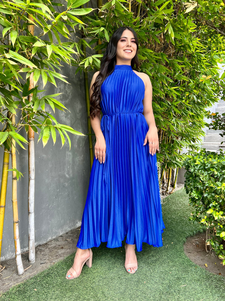 Vestido midi azul tableado