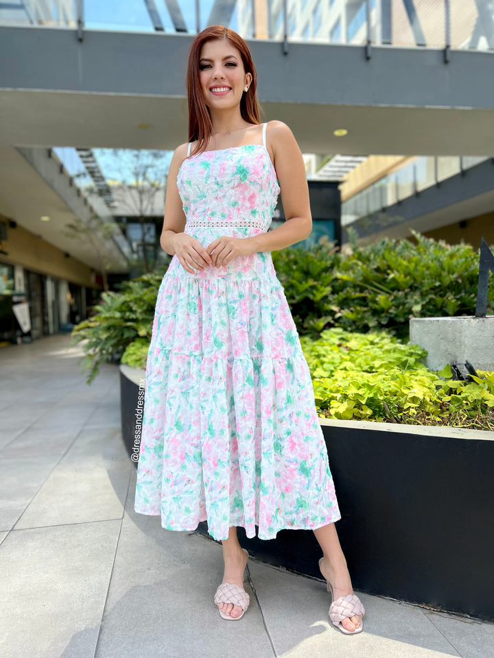 Vestido blanco midi florecitas rosas