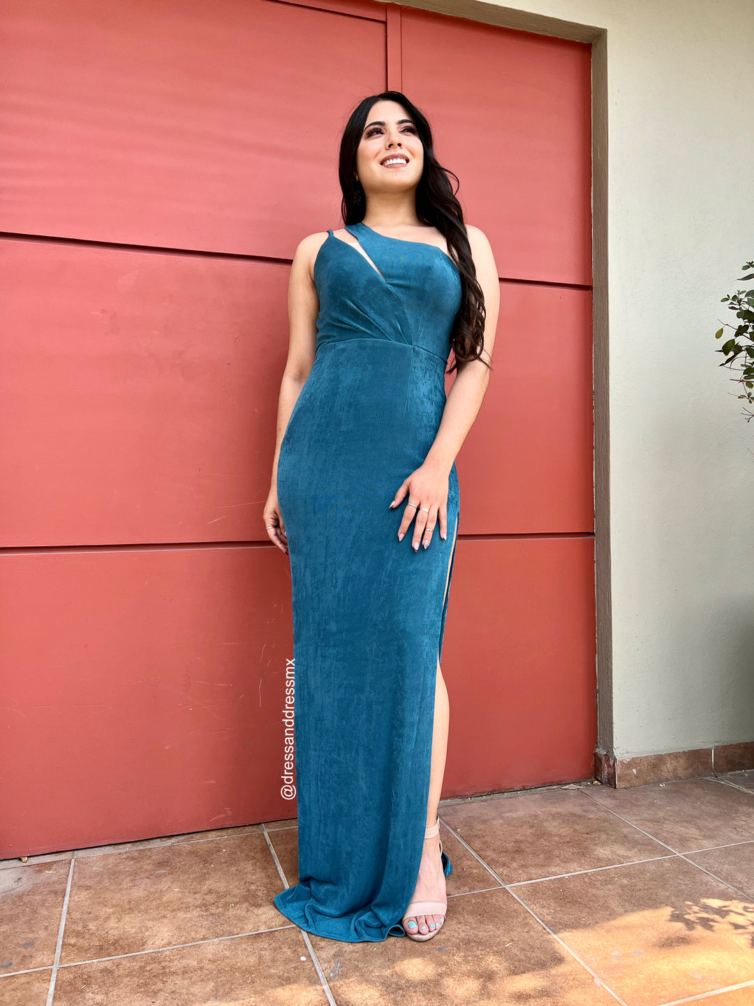 Vestido azul verde un hombro