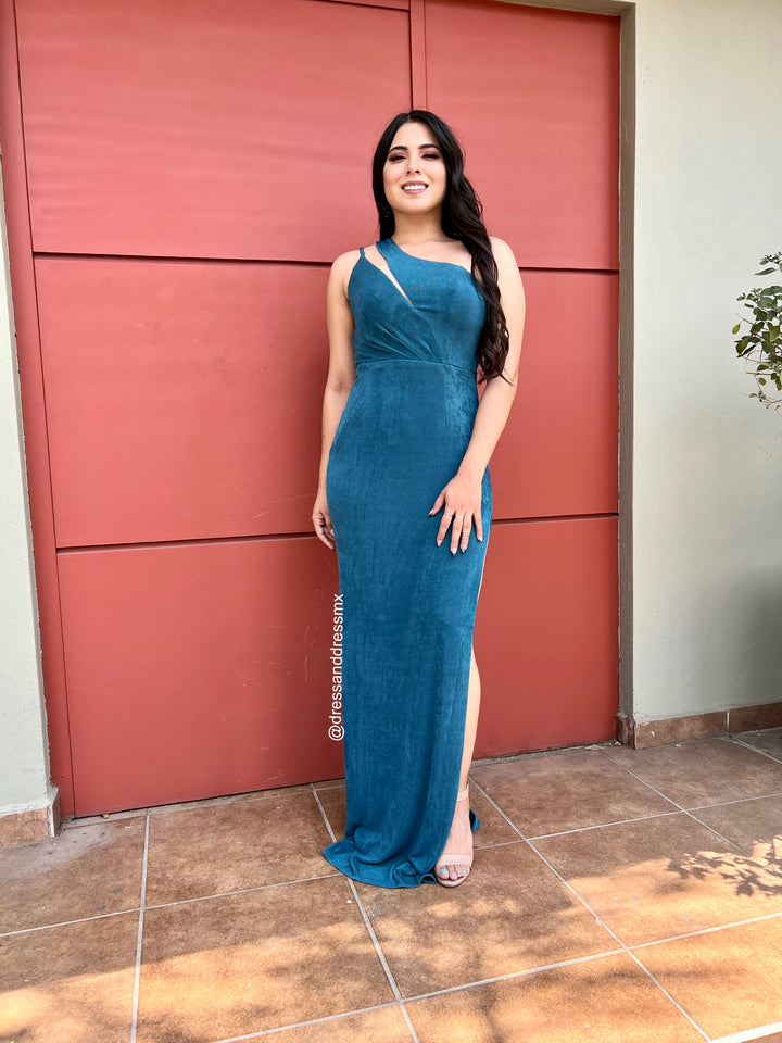 Vestido azul verde un hombro