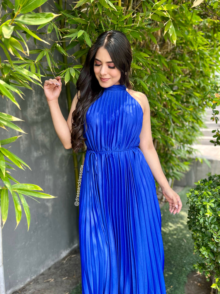 Vestido midi azul tableado