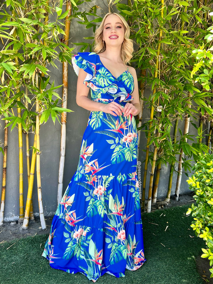 Vestido azul rey hojas verdes