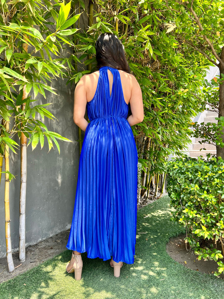 Vestido midi azul tableado