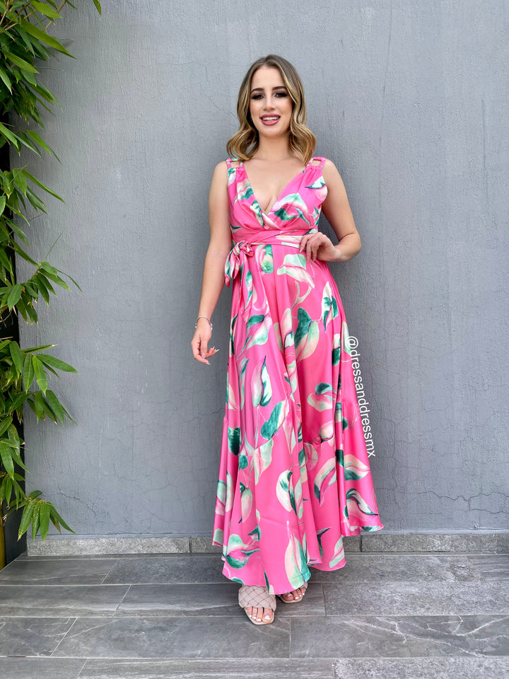 Vestido midi rosa hojas satin
