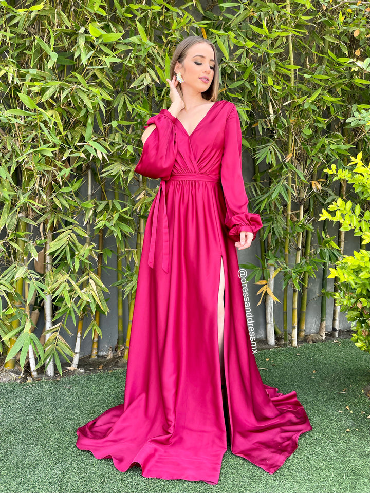 Vestido tinto manga larga satin