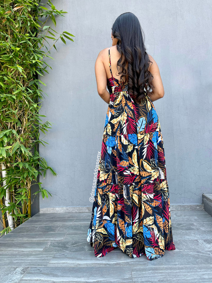 Maxivestido negro hojas colores
