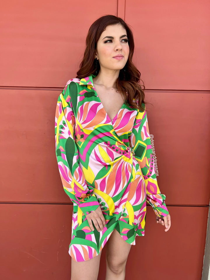 Vestido estampado verde,rosa & amarillo