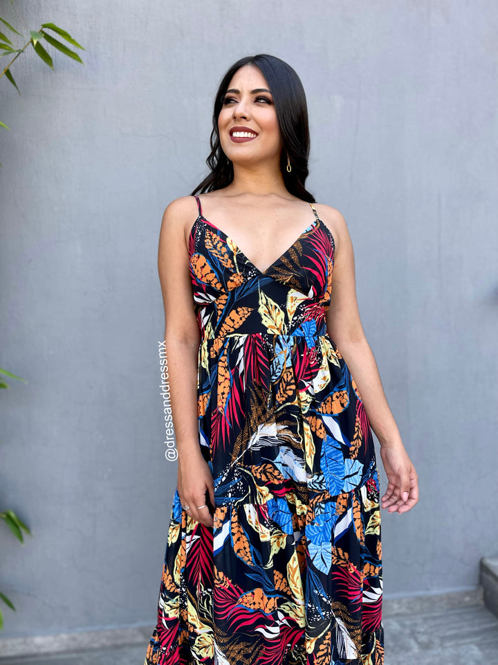 Maxivestido negro hojas colores