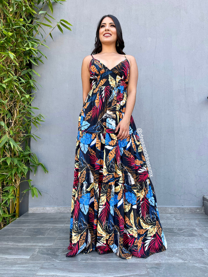 Maxivestido negro hojas colores
