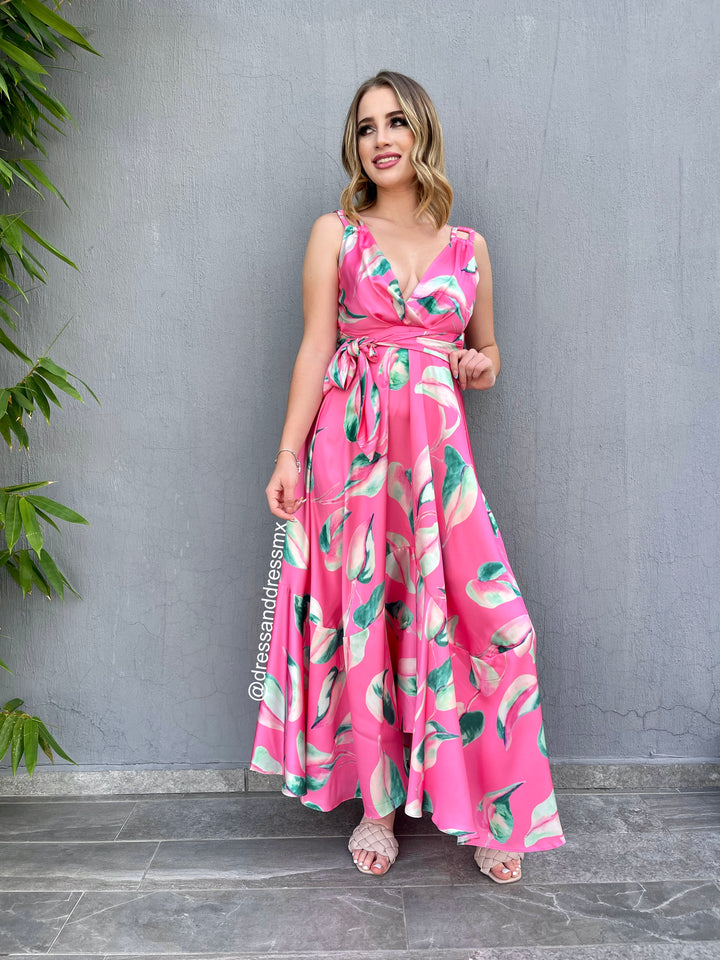 Vestido midi rosa hojas satin