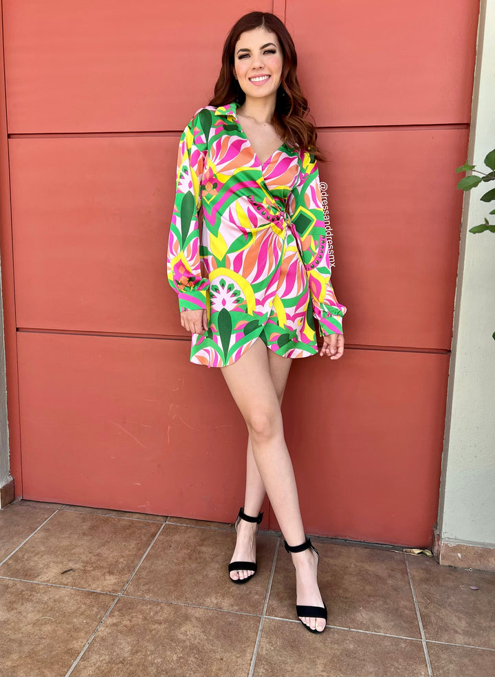 Vestido estampado verde,rosa & amarillo